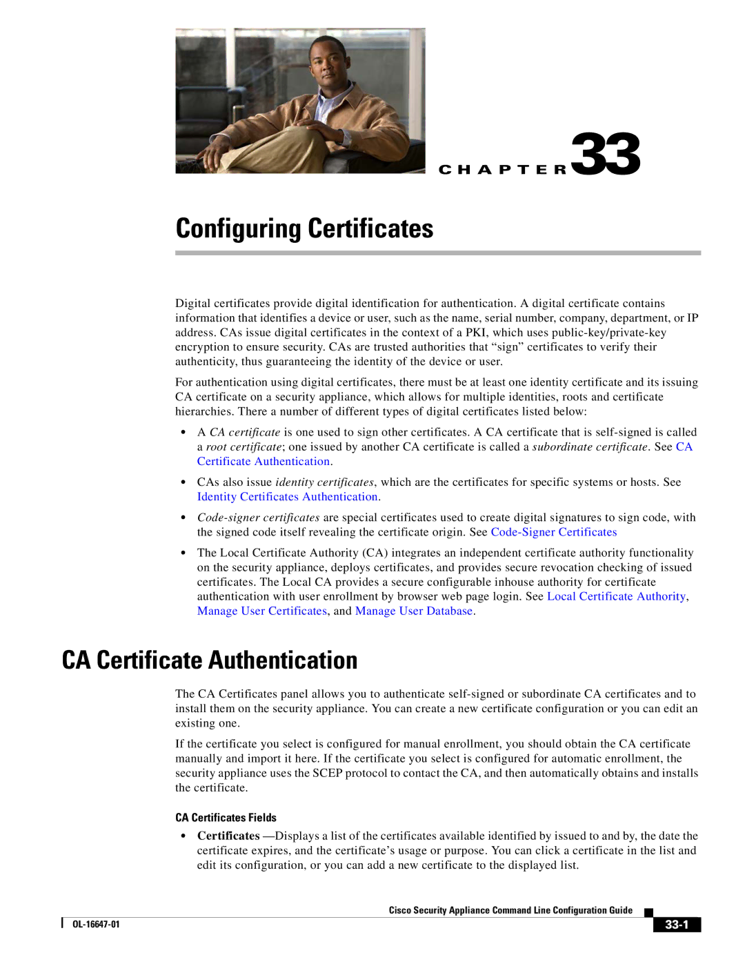 Cisco Systems OL-16647-01 manual CA Certificate Authentication, A P T E R, CA Certificates Fields, 33-1 