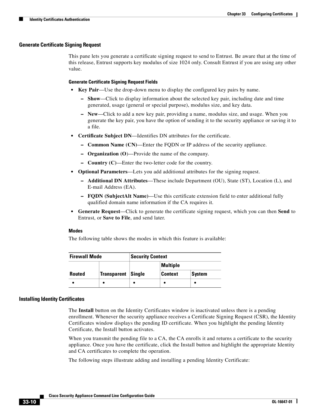 Cisco Systems OL-16647-01 manual Generate Certificate Signing Request, Installing Identity Certificates, 33-10 