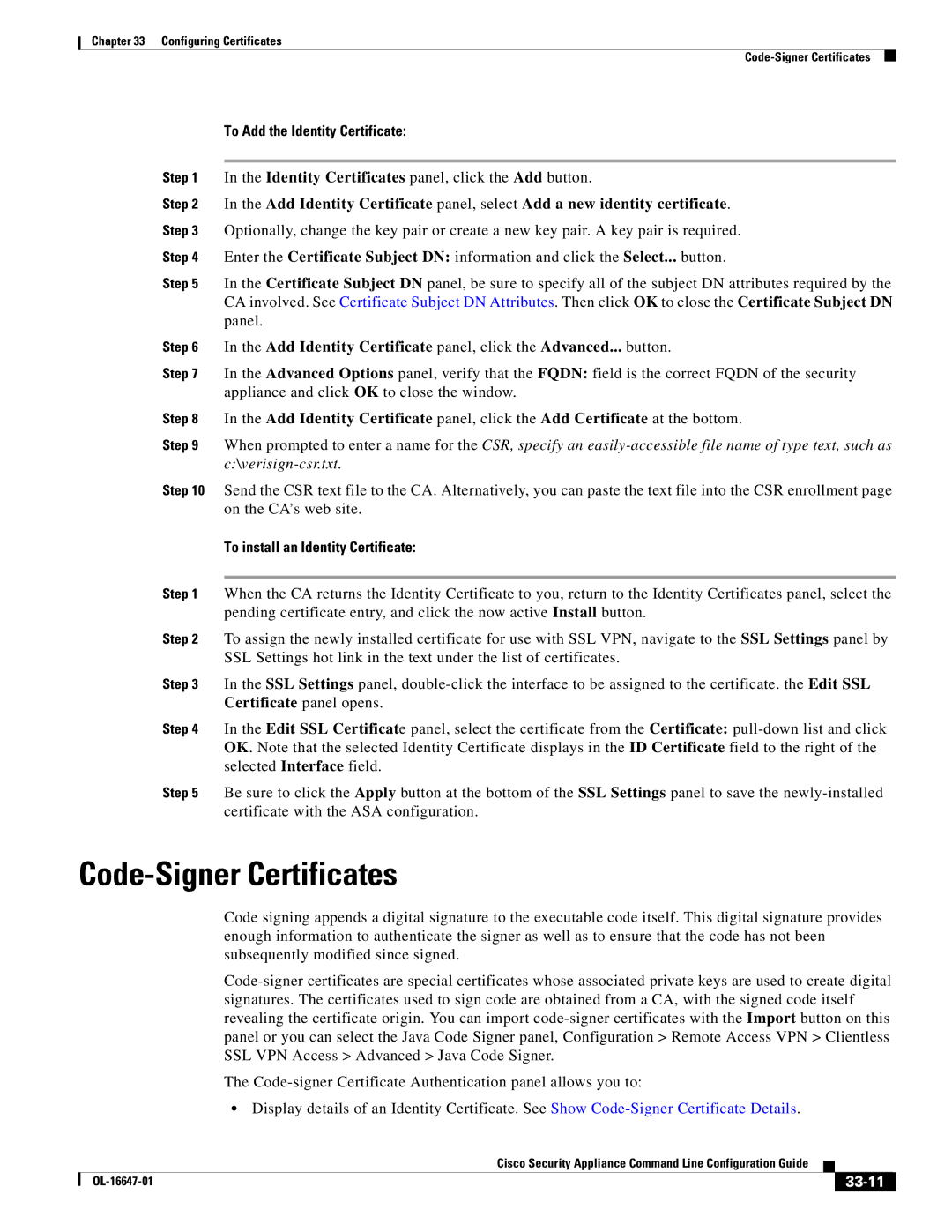 Cisco Systems OL-16647-01 Code-Signer Certificates, To Add the Identity Certificate, To install an Identity Certificate 