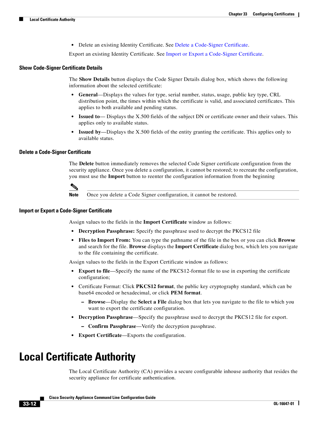 Cisco Systems OL-16647-01 manual Local Certificate Authority, Show Code-Signer Certificate Details, 33-12 