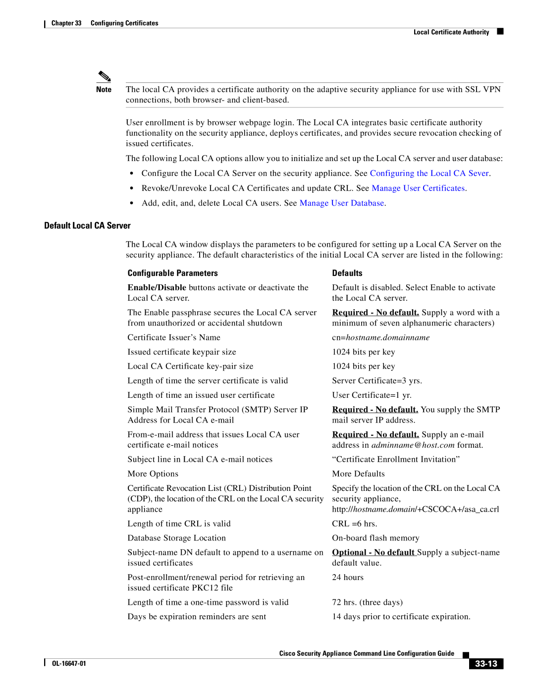 Cisco Systems OL-16647-01 manual Default Local CA Server, Configurable Parameters, Defaults, 33-13 