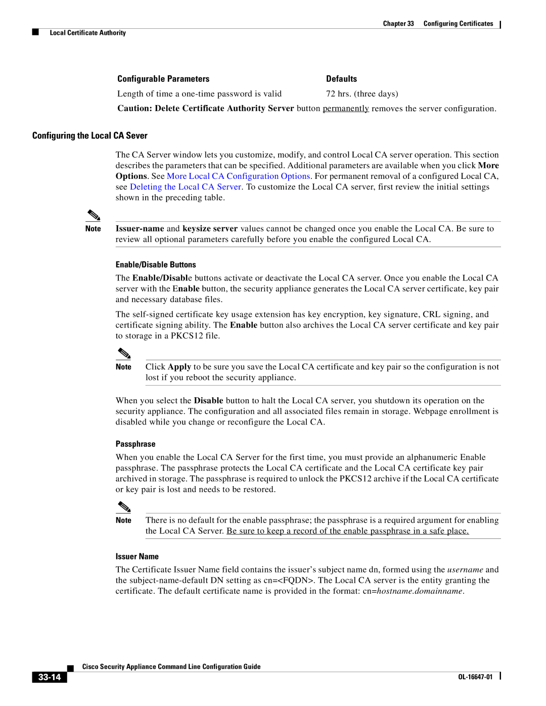 Cisco Systems OL-16647-01 manual Configuring the Local CA Sever, 33-14 