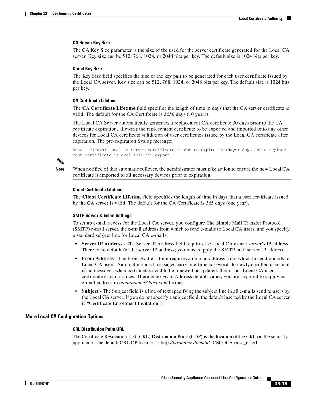 Cisco Systems OL-16647-01 manual More Local CA Configuration Options, 33-15 