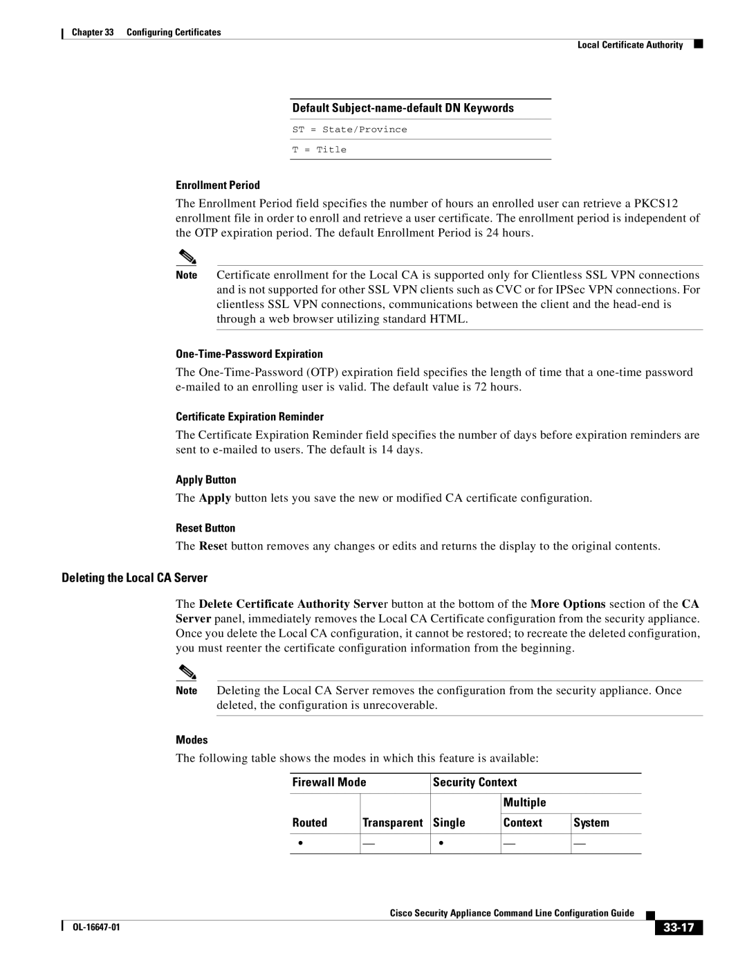 Cisco Systems OL-16647-01 manual Deleting the Local CA Server, 33-17 