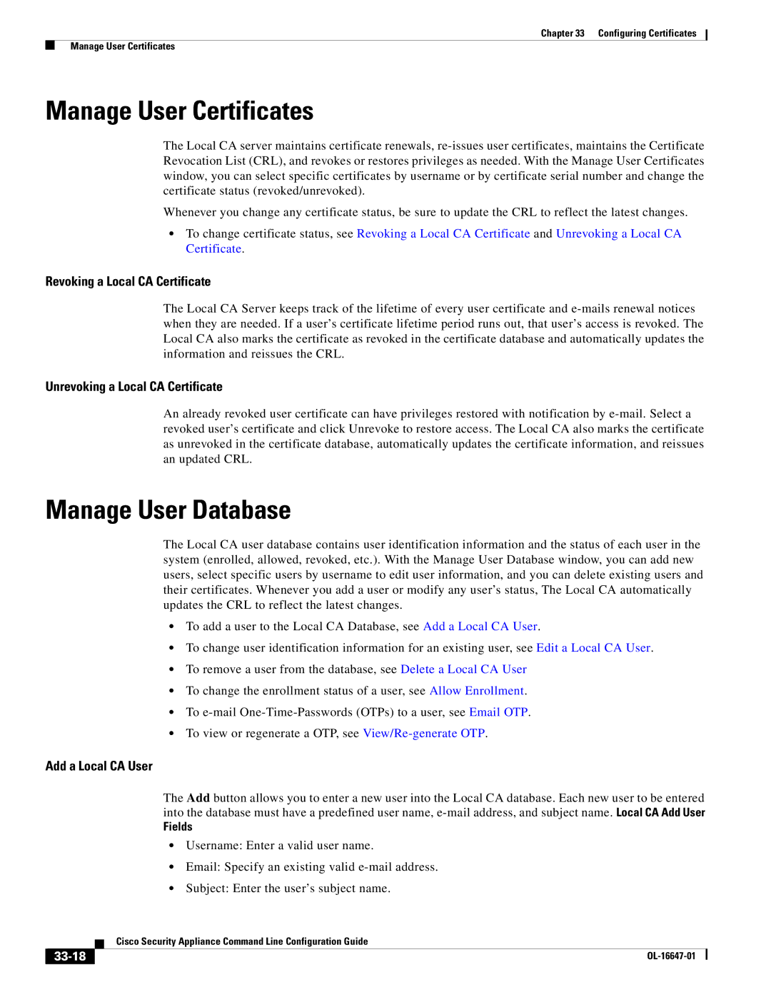 Cisco Systems OL-16647-01 manual Manage User Certificates, Manage User Database, Revoking a Local CA Certificate 