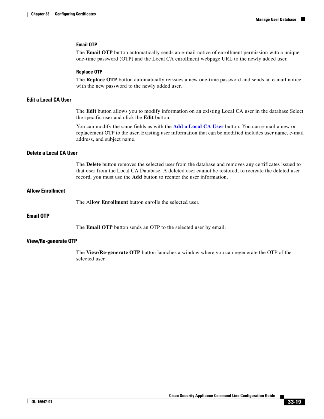 Cisco Systems OL-16647-01 Edit a Local CA User, Delete a Local CA User, Allow Enrollment, Email OTP, View/Re-generate OTP 