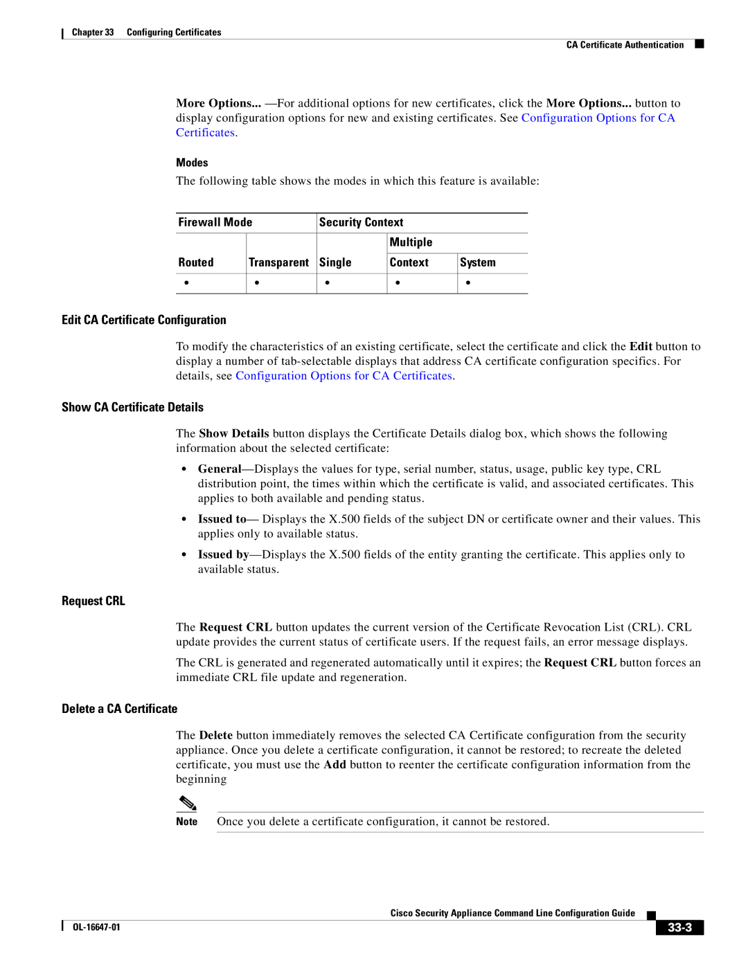 Cisco Systems OL-16647-01 manual Edit CA Certificate Configuration, Show CA Certificate Details, Request CRL, 33-3 