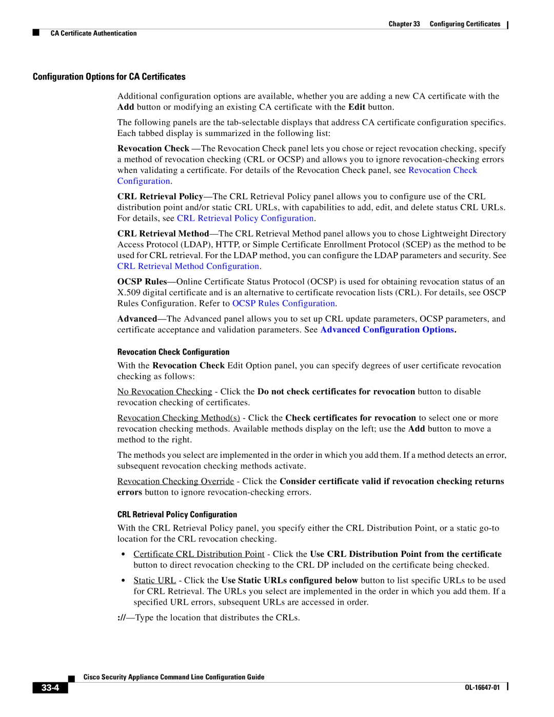 Cisco Systems OL-16647-01 manual Configuration Options for CA Certificates, Revocation Check Configuration, 33-4 