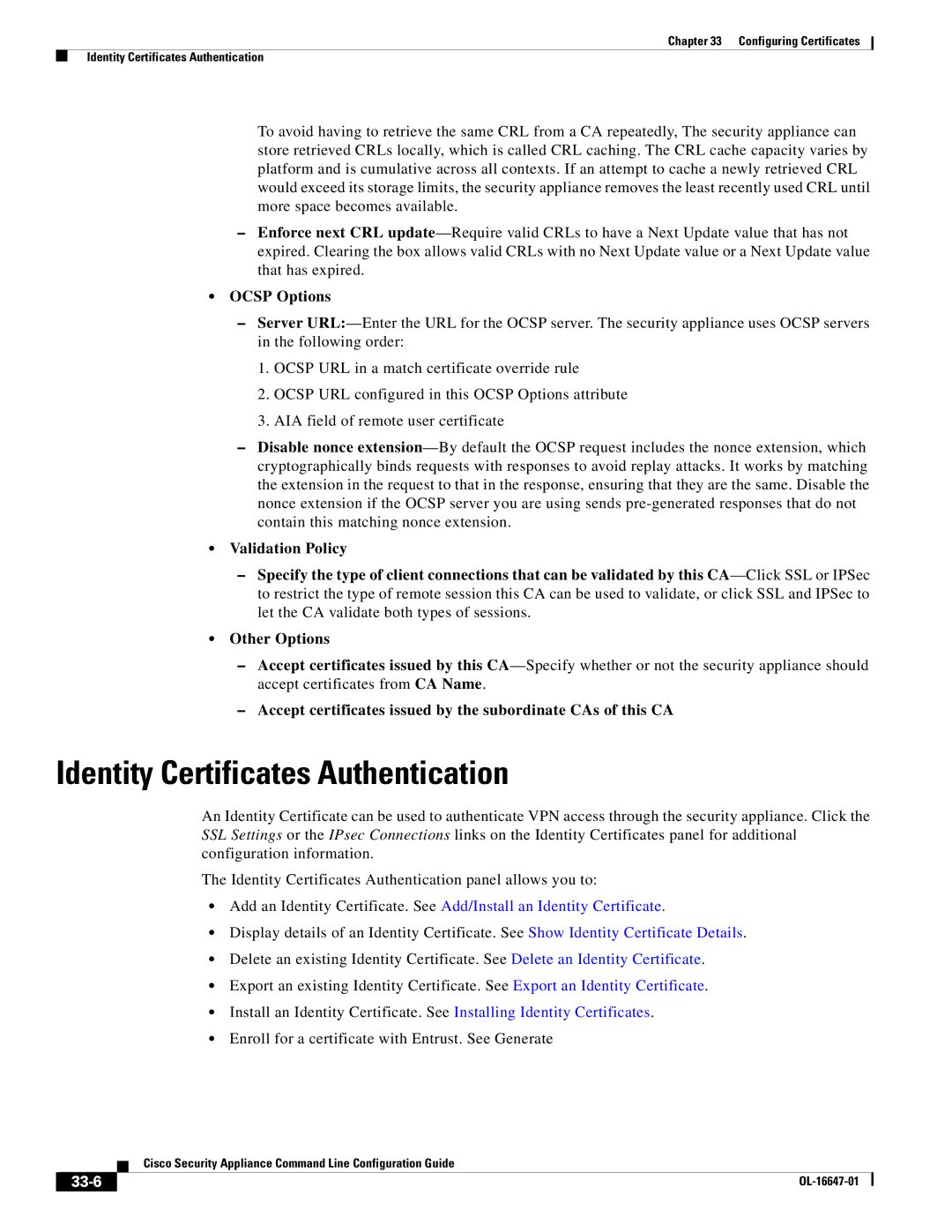 Cisco Systems OL-16647-01 manual Identity Certificates Authentication, 33-6 