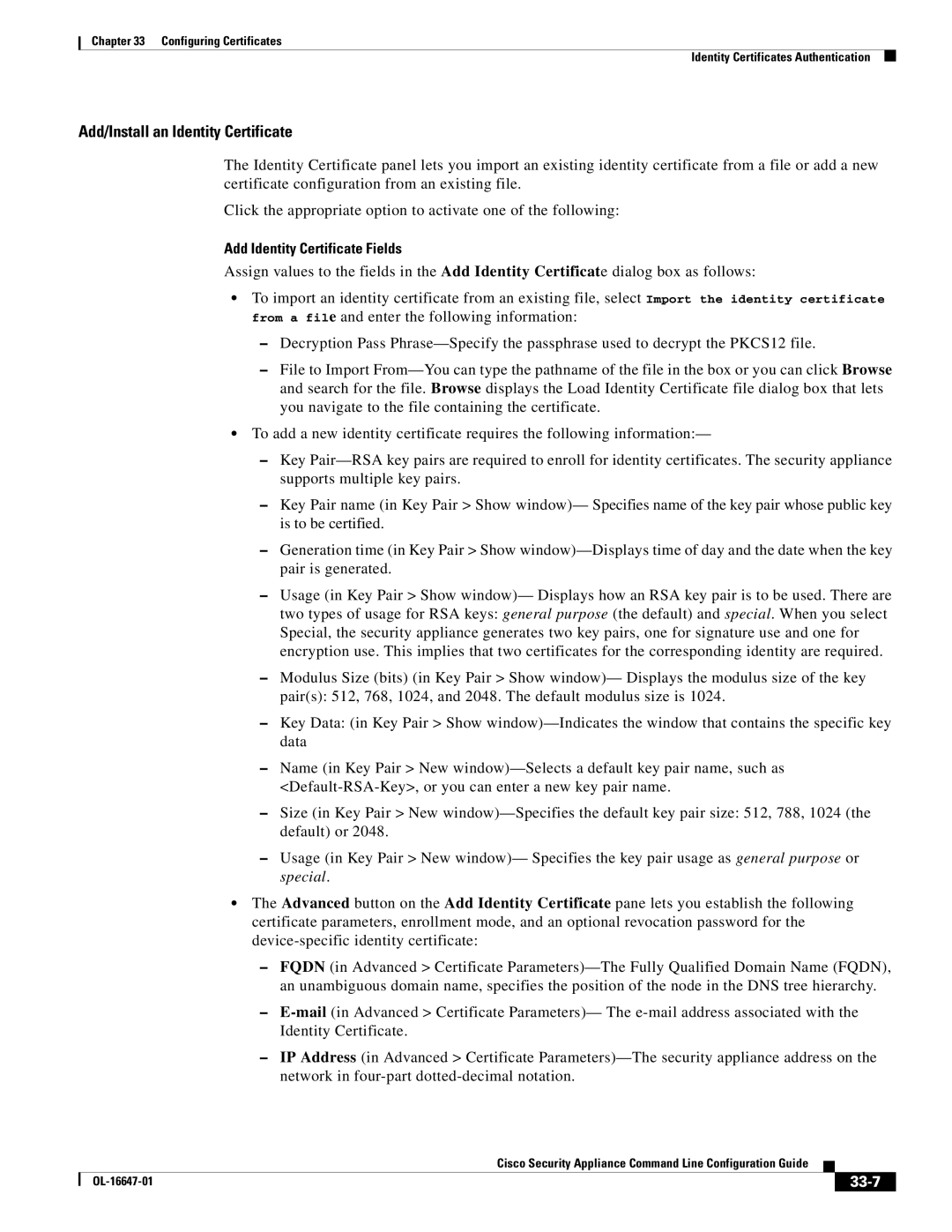 Cisco Systems OL-16647-01 manual Add/Install an Identity Certificate, Add Identity Certificate Fields, 33-7 
