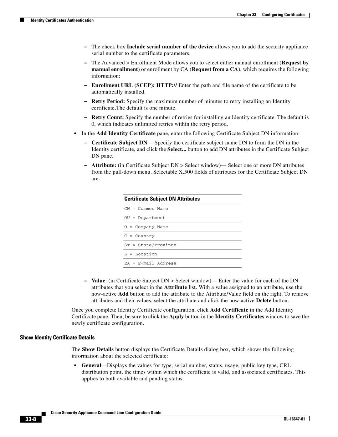 Cisco Systems OL-16647-01 manual Show Identity Certificate Details, Certificate Subject DN Attributes, 33-8 