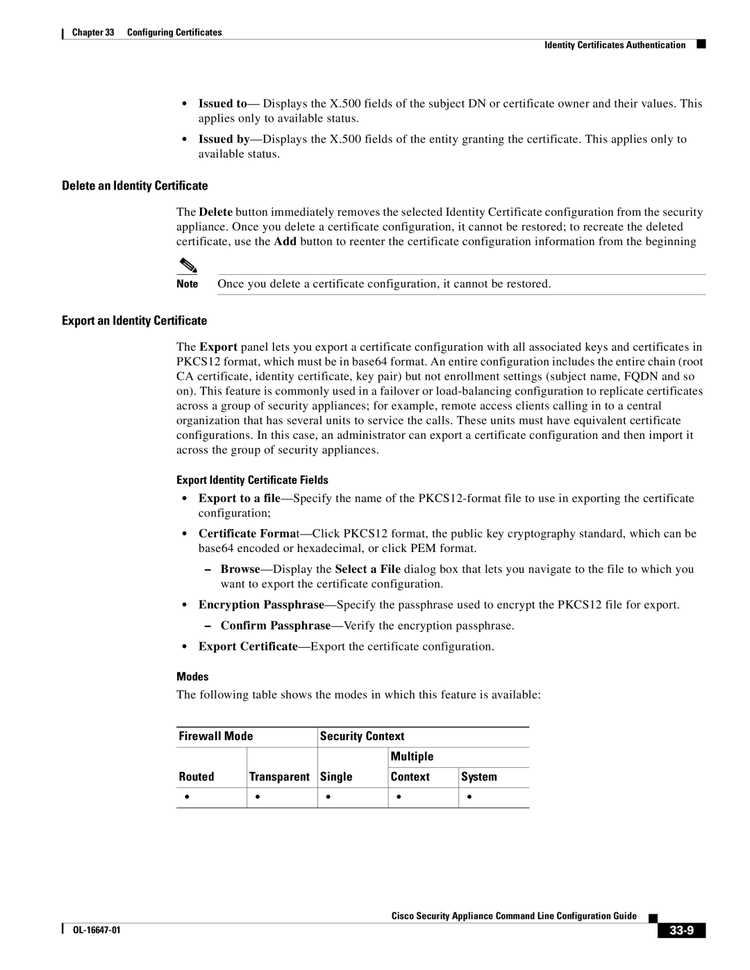 Cisco Systems OL-16647-01 manual Delete an Identity Certificate, Export an Identity Certificate, 33-9 