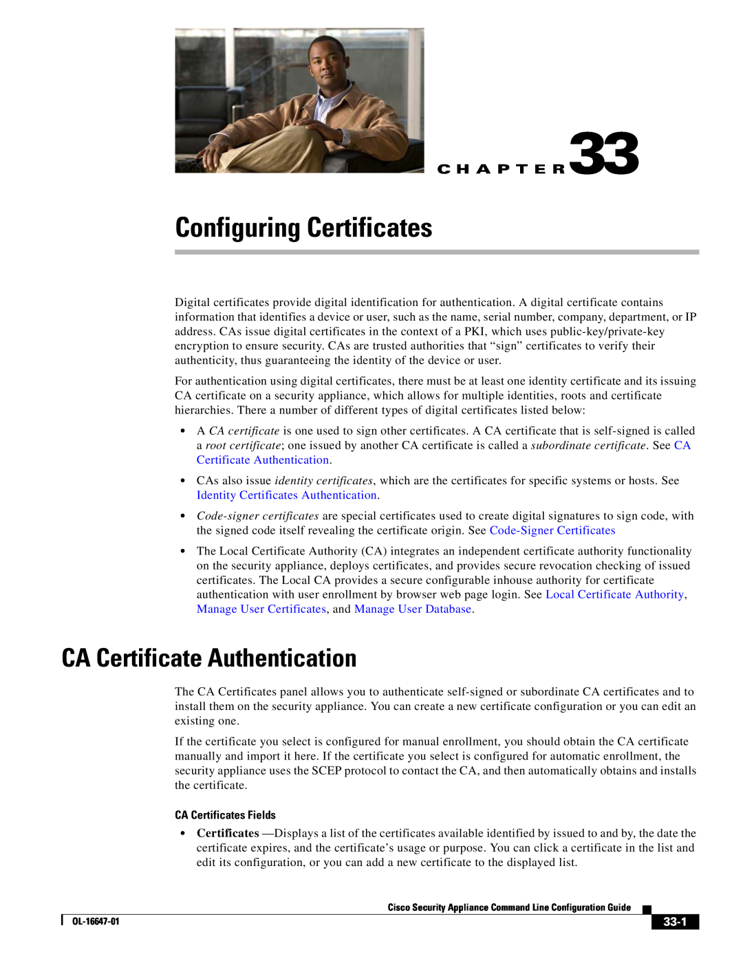 Cisco Systems OL-16647-01 manual CA Certificate Authentication, C H A P T E R, CA Certificates Fields, 33-1 