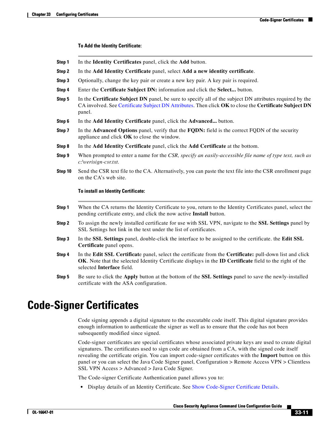 Cisco Systems OL-16647-01 Code-Signer Certificates, To Add the Identity Certificate, To install an Identity Certificate 