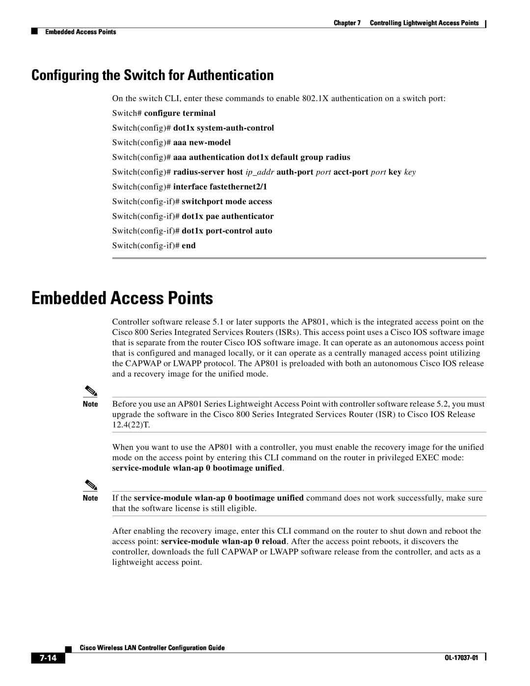 Cisco Systems OL-17037-01 manual Embedded Access Points, Configuring the Switch for Authentication, 7-14 