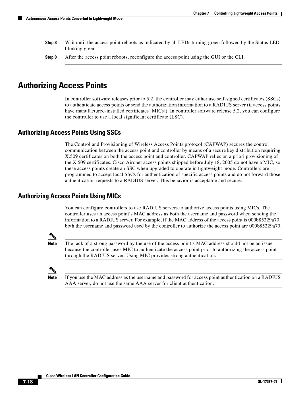 Cisco Systems OL-17037-01 manual Authorizing Access Points Using SSCs, Authorizing Access Points Using MICs, 7-18 