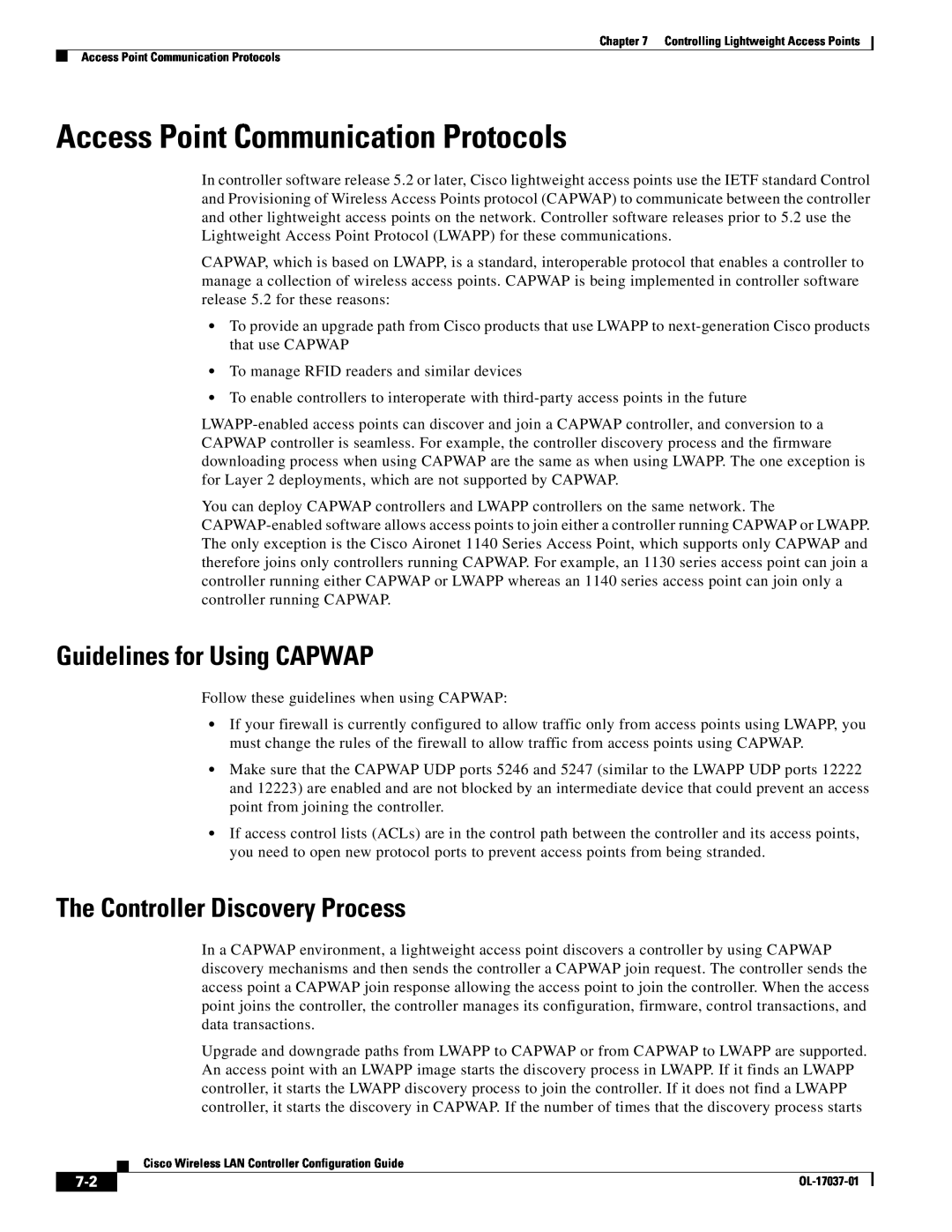Cisco Systems OL-17037-01 manual Access Point Communication Protocols, Guidelines for Using CAPWAP 