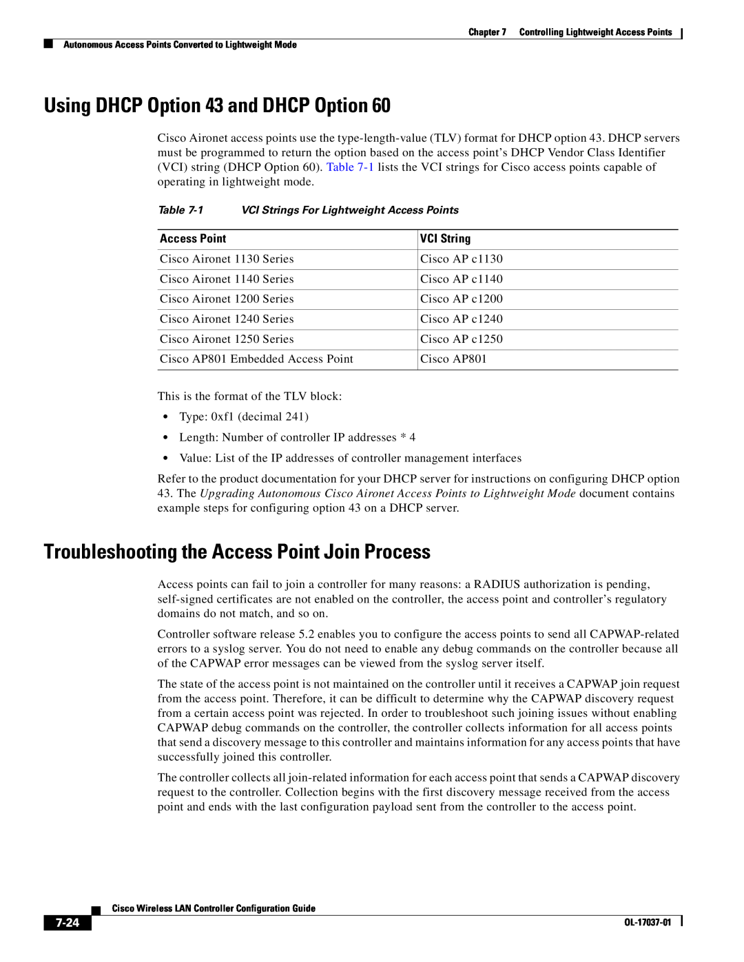 Cisco Systems OL-17037-01 Using DHCP Option 43 and DHCP Option, Troubleshooting the Access Point Join Process, VCI String 