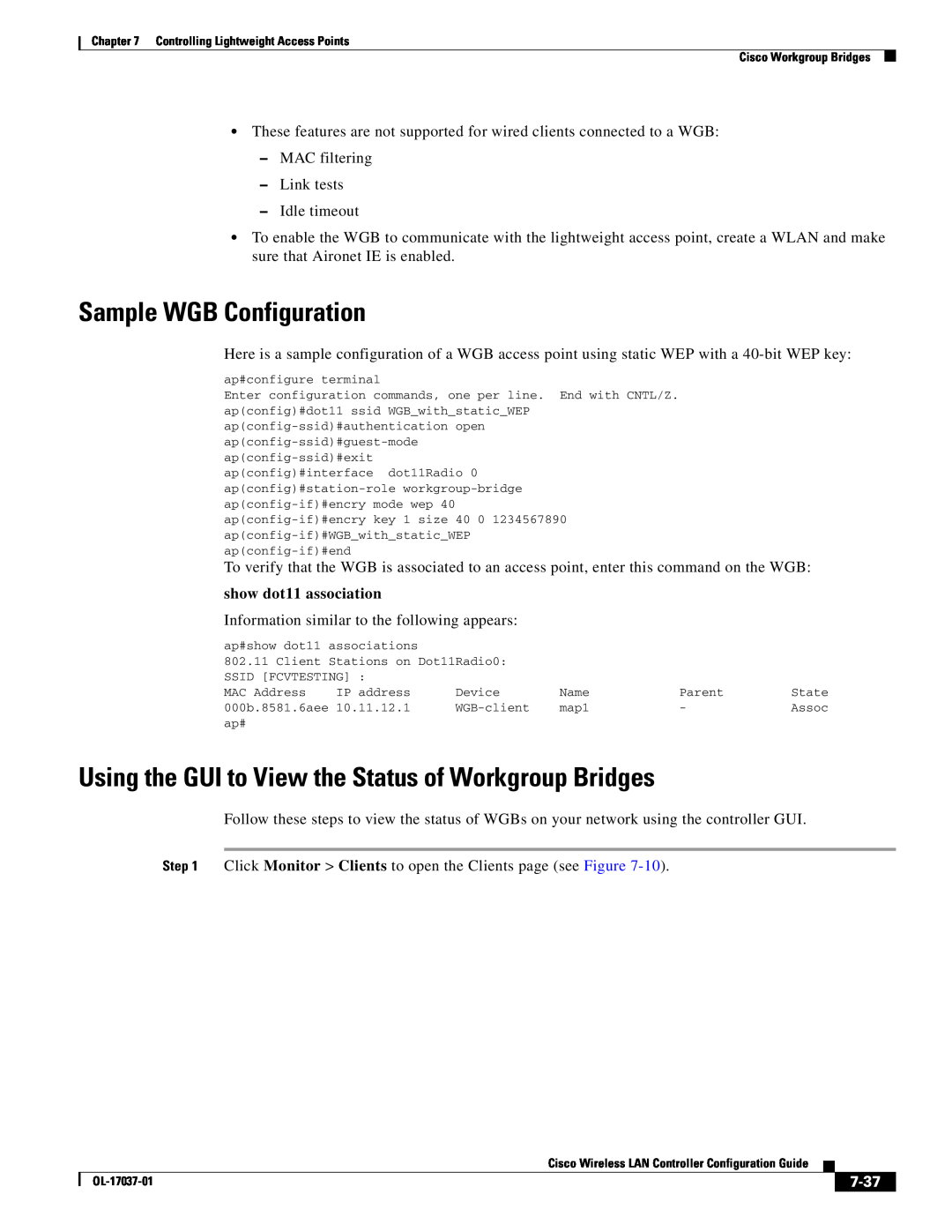 Cisco Systems OL-17037-01 manual Sample WGB Configuration, Using the GUI to View the Status of Workgroup Bridges, 7-37 