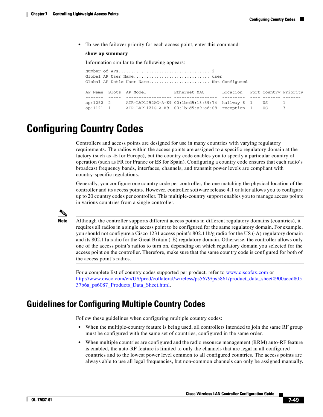 Cisco Systems OL-17037-01 manual Configuring Country Codes, Guidelines for Configuring Multiple Country Codes, 7-49 