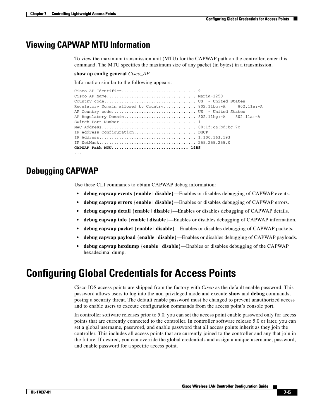 Cisco Systems OL-17037-01 manual Configuring Global Credentials for Access Points, Viewing CAPWAP MTU Information 
