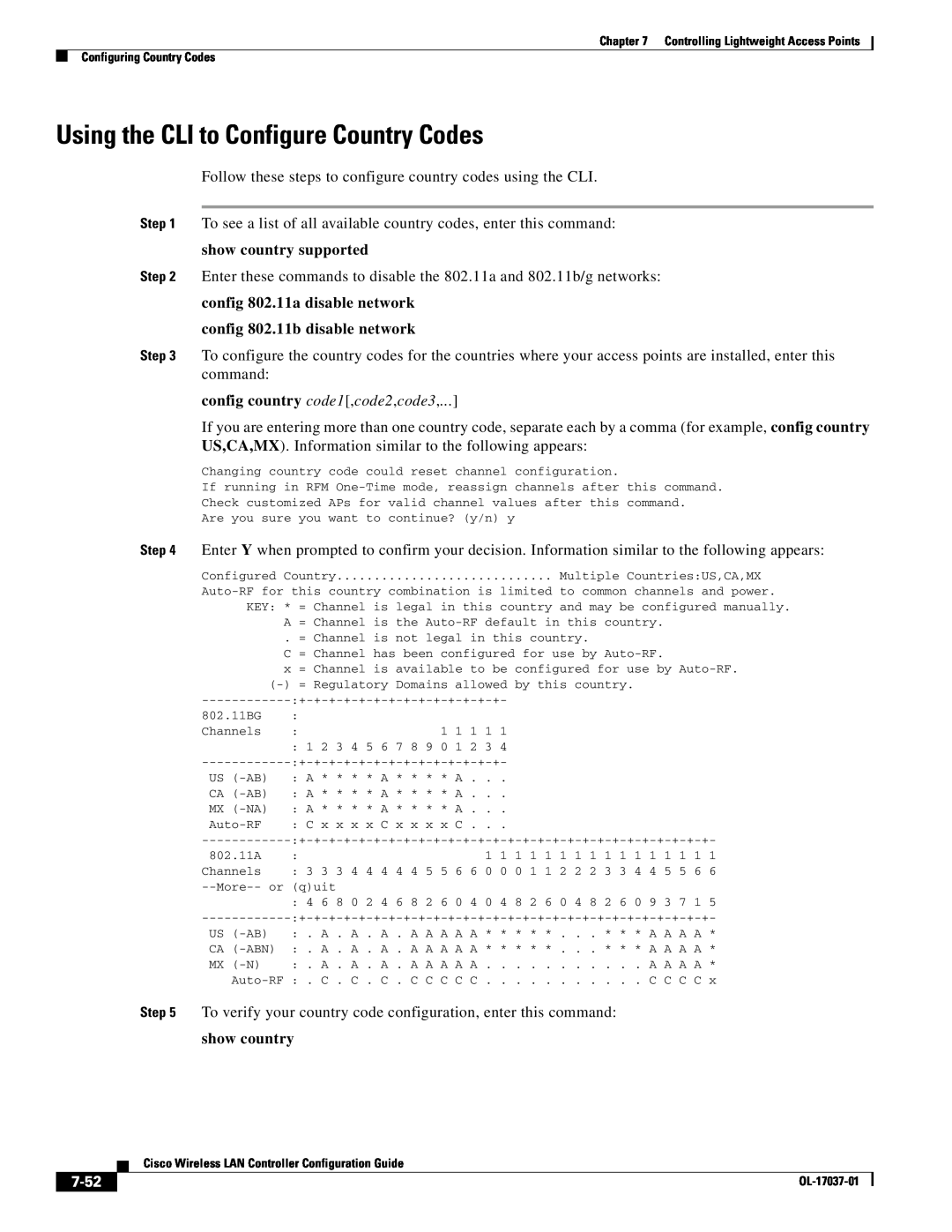Cisco Systems OL-17037-01 manual Using the CLI to Configure Country Codes, show country supported, 7-52 