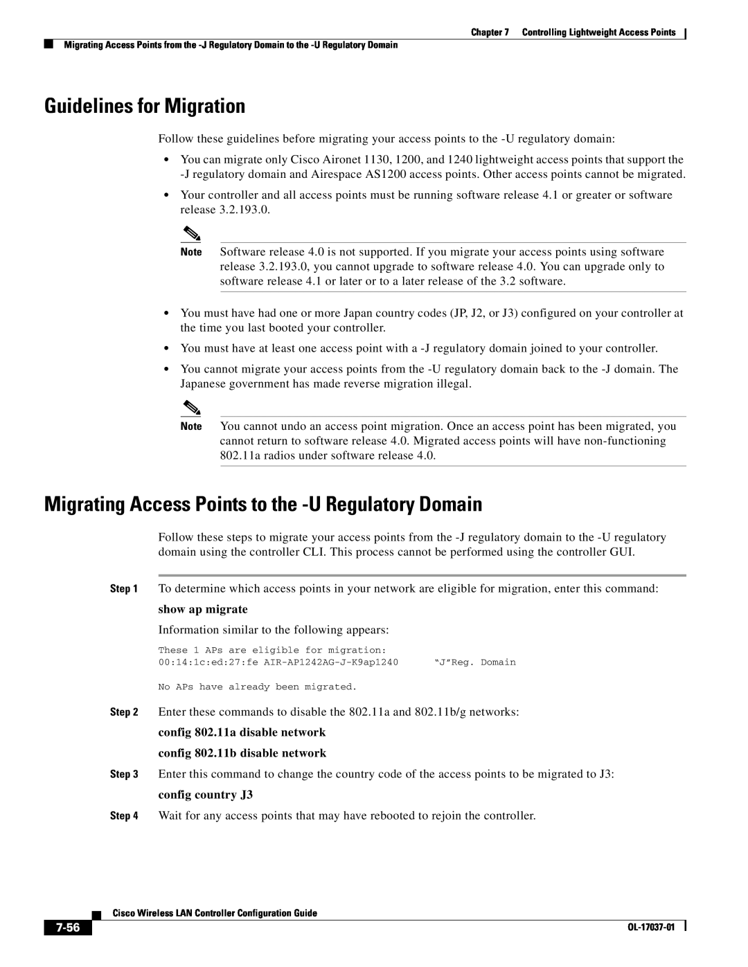 Cisco Systems OL-17037-01 Guidelines for Migration, Migrating Access Points to the -U Regulatory Domain, show ap migrate 