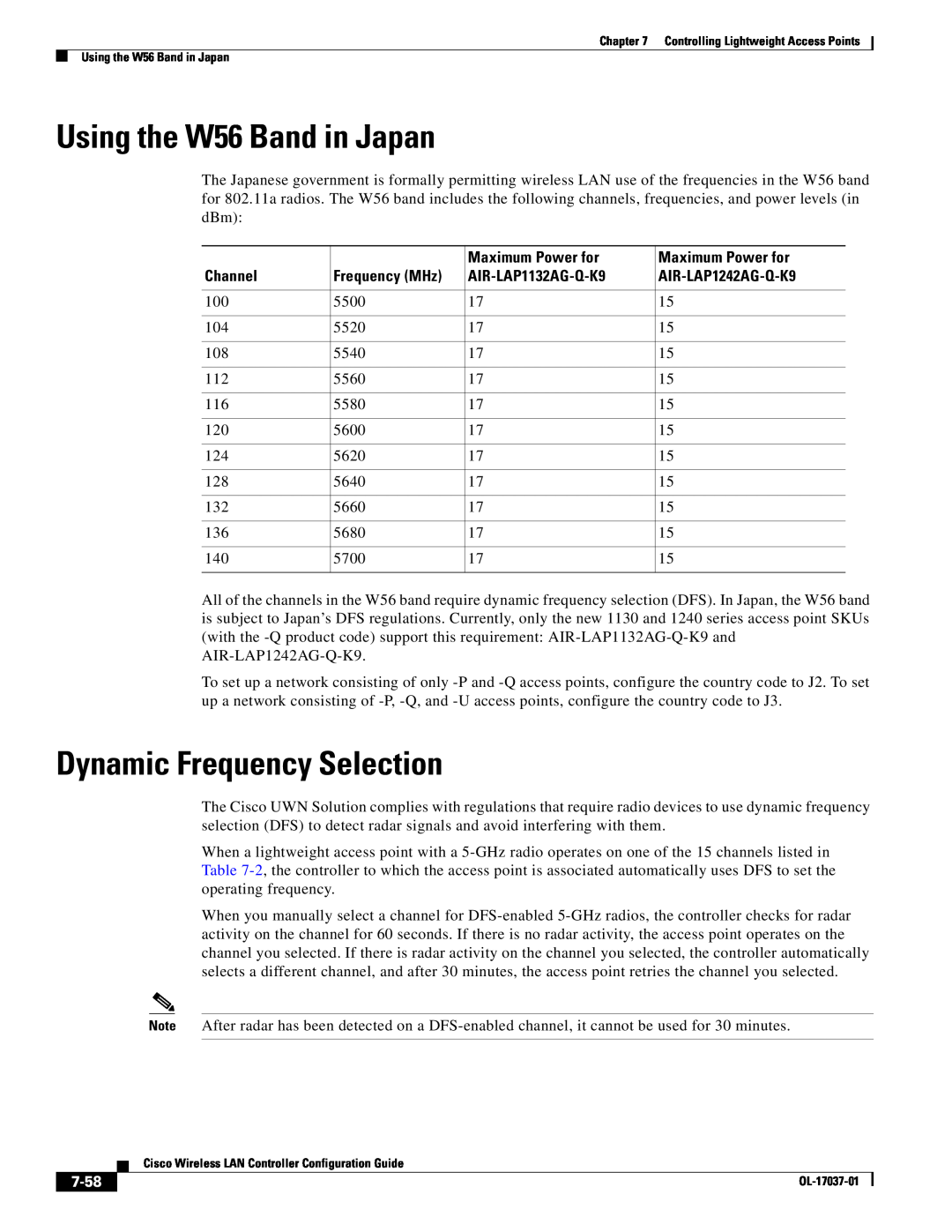 Cisco Systems OL-17037-01 manual Using the W56 Band in Japan, Dynamic Frequency Selection, Maximum Power for, Channel, 7-58 