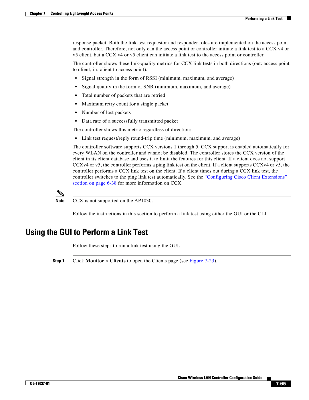 Cisco Systems OL-17037-01 manual Using the GUI to Perform a Link Test, 7-65 