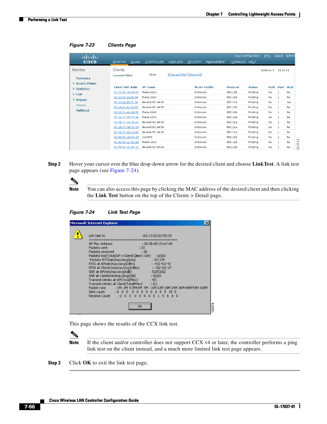 Cisco Systems OL-17037-01 manual 7-66, This page shows the results of the CCX link test 