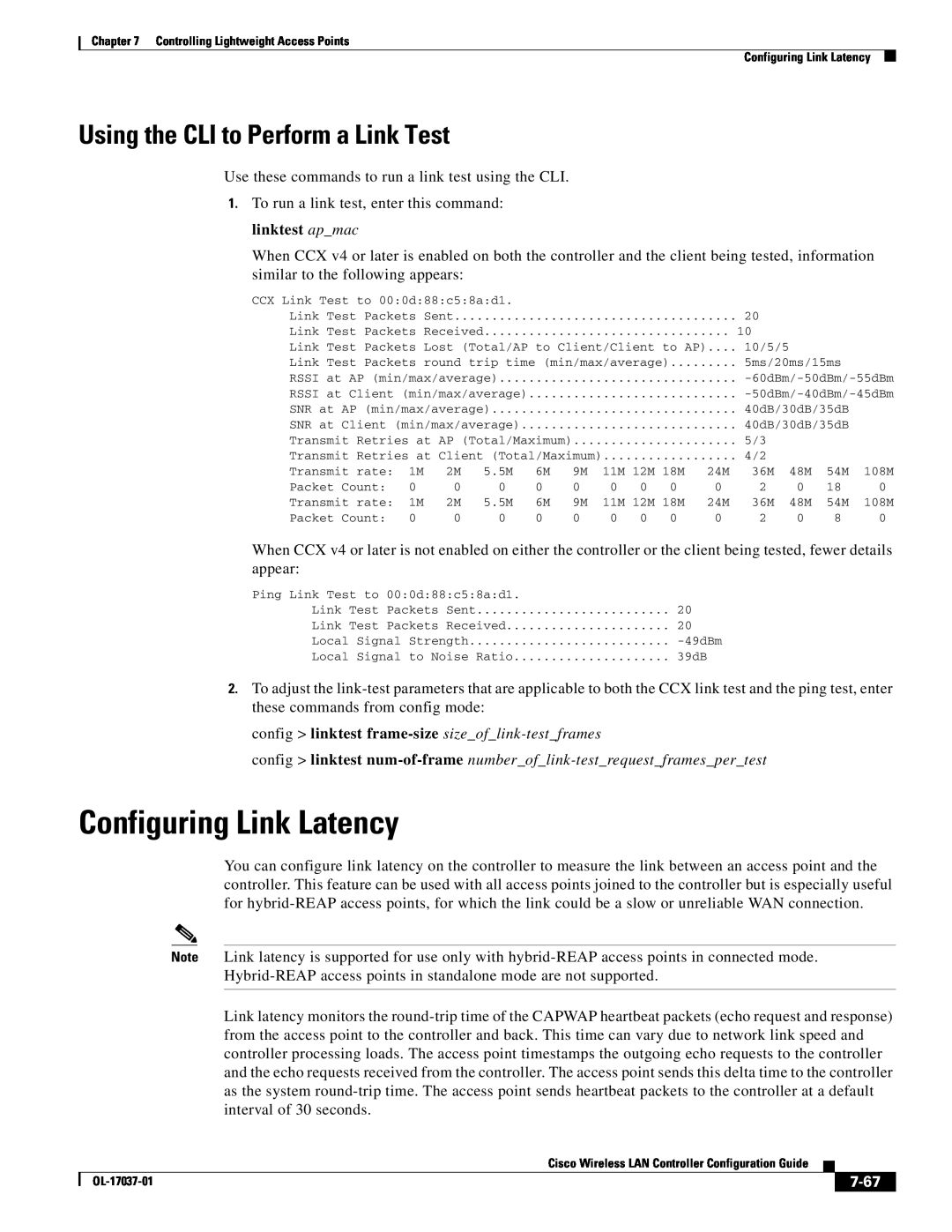 Cisco Systems OL-17037-01 manual Configuring Link Latency, Using the CLI to Perform a Link Test, 7-67 