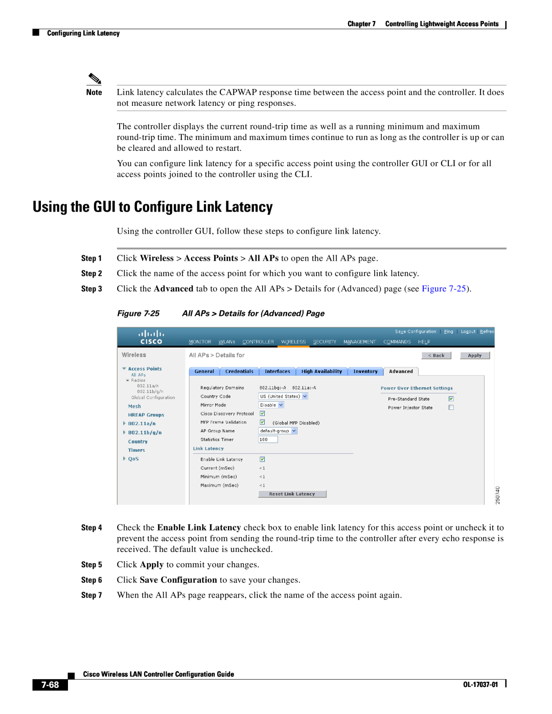 Cisco Systems OL-17037-01 manual Using the GUI to Configure Link Latency, 7-68, 25 All APs Details for Advanced Page 