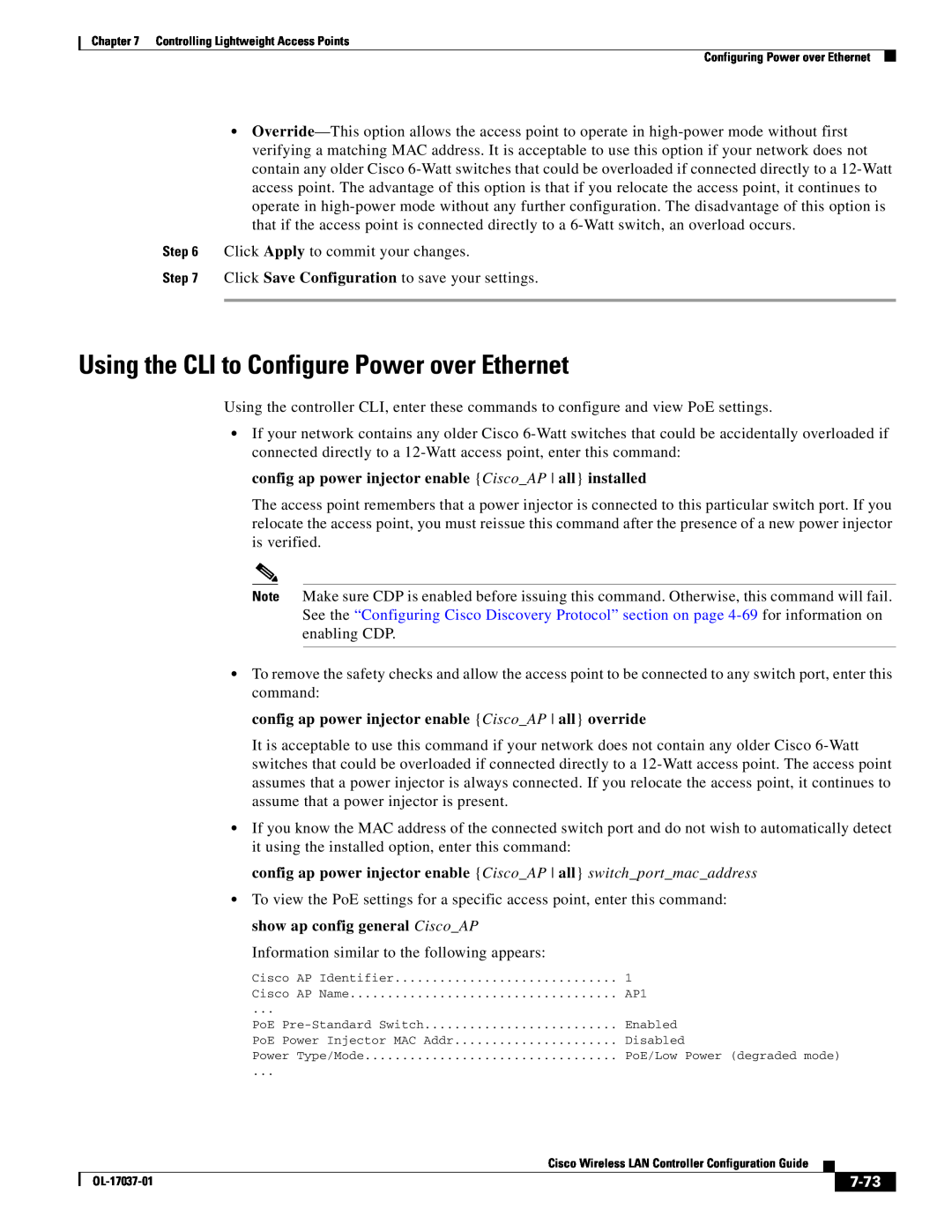 Cisco Systems OL-17037-01 manual Using the CLI to Configure Power over Ethernet, 7-73 