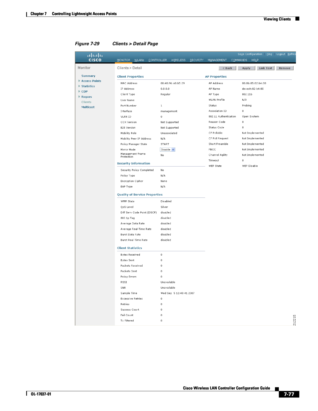 Cisco Systems OL-17037-01 manual 7-77, 29 Clients Detail Page, Controlling Lightweight Access Points Viewing Clients 
