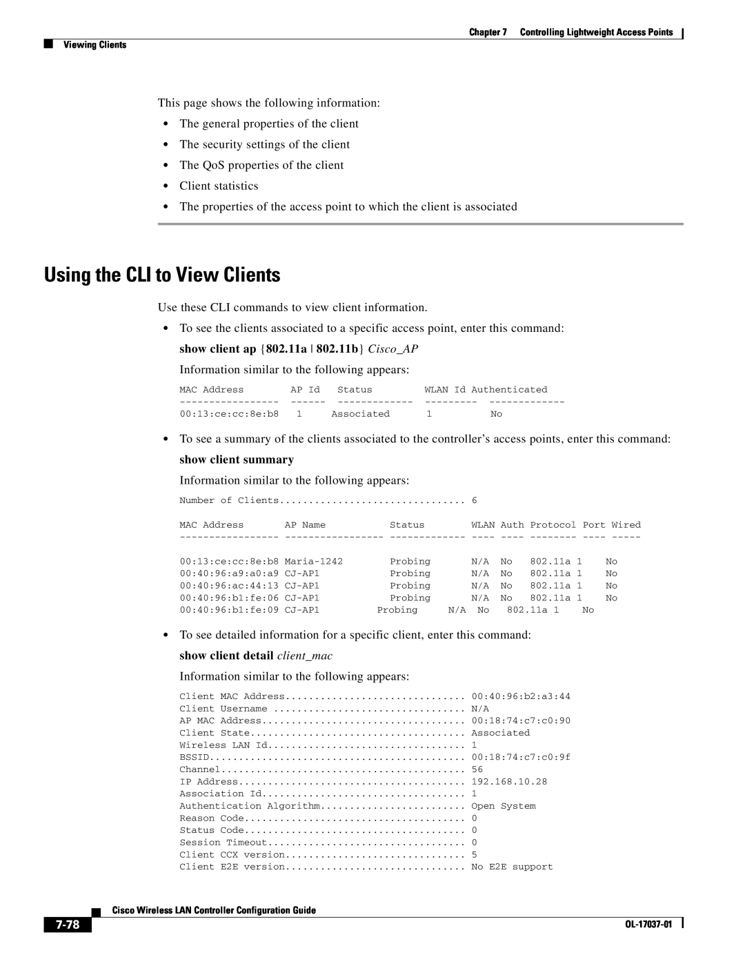 Cisco Systems OL-17037-01 manual Using the CLI to View Clients, 7-78 