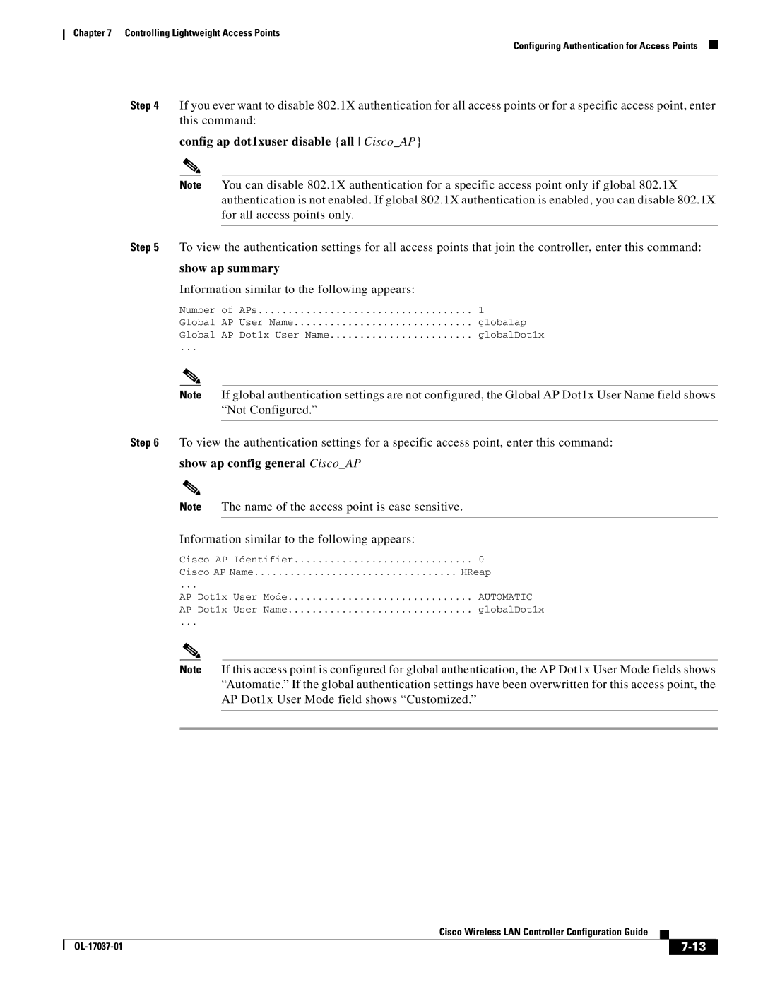 Cisco Systems OL-17037-01 manual Config ap dot1xuser disable all CiscoAP, AP Dot1x User Mode field shows Customized 