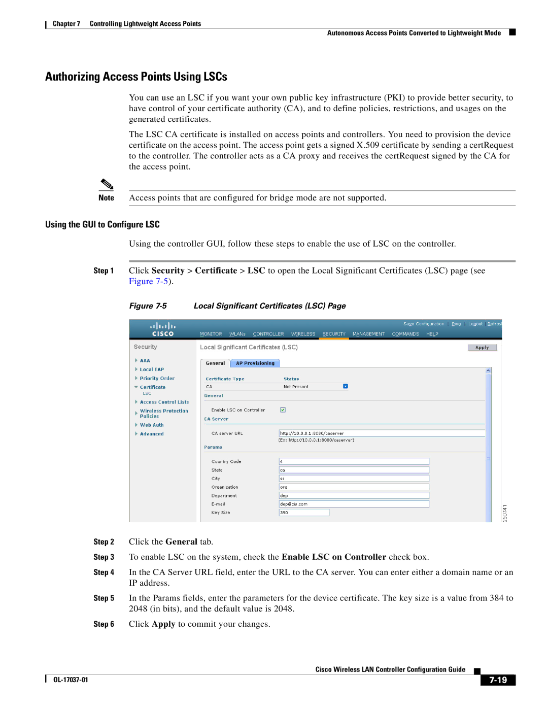 Cisco Systems OL-17037-01 manual Authorizing Access Points Using LSCs, Using the GUI to Configure LSC 