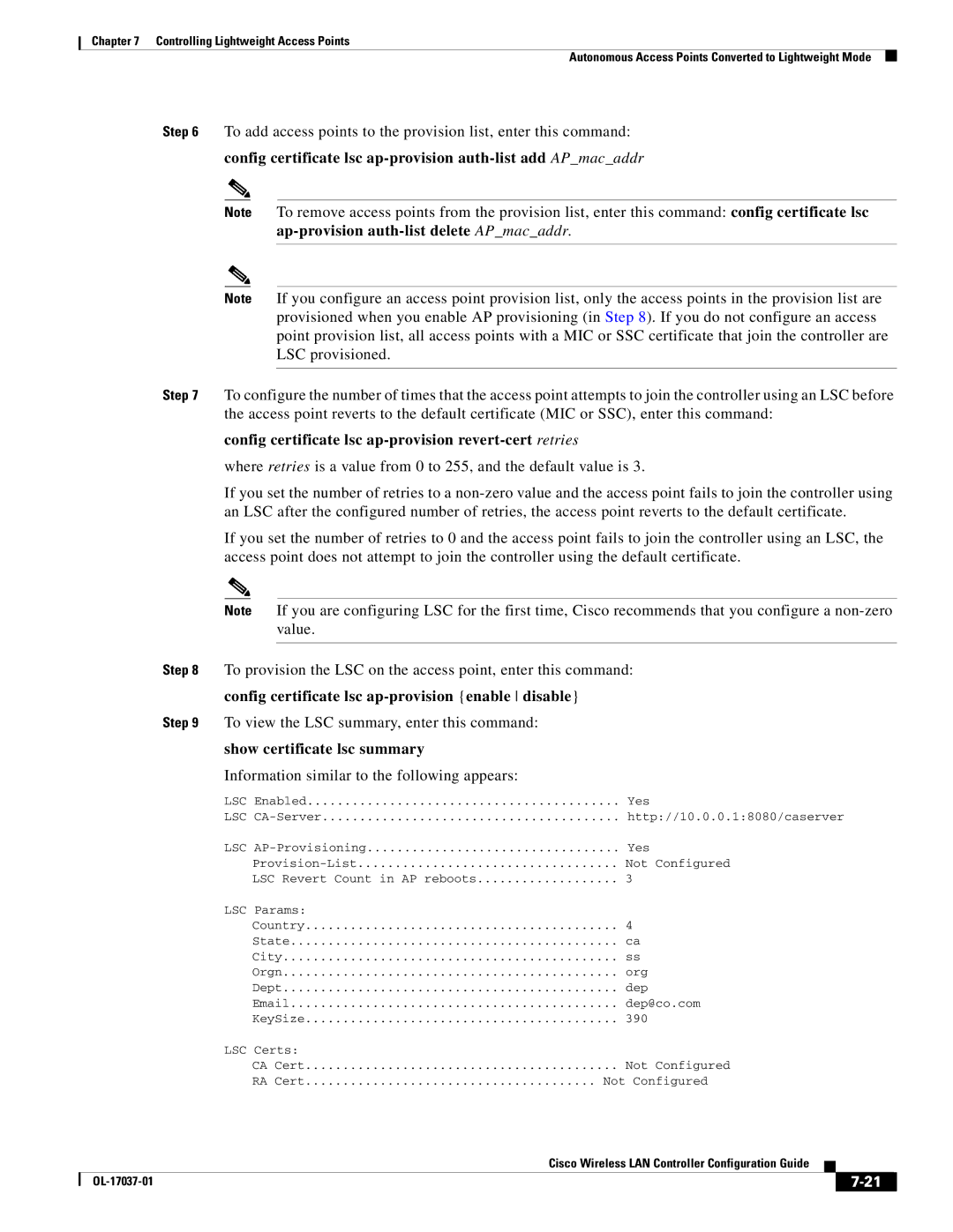 Cisco Systems OL-17037-01 manual Config certificate lsc ap-provision auth-list add APmacaddr, Show certificate lsc summary 