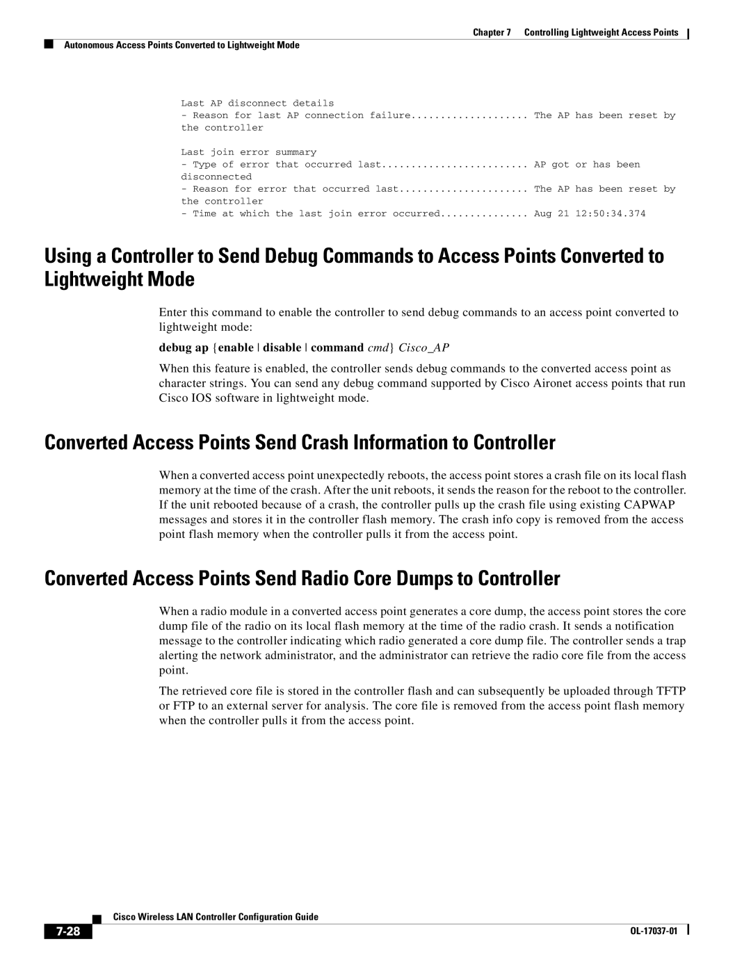 Cisco Systems OL-17037-01 manual Converted Access Points Send Radio Core Dumps to Controller 