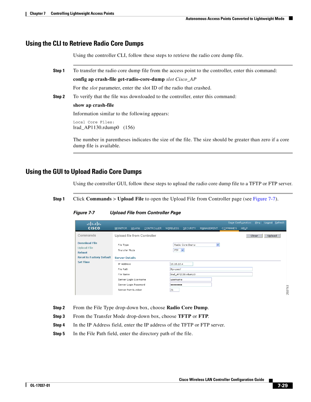 Cisco Systems OL-17037-01 manual Using the CLI to Retrieve Radio Core Dumps, Using the GUI to Upload Radio Core Dumps 