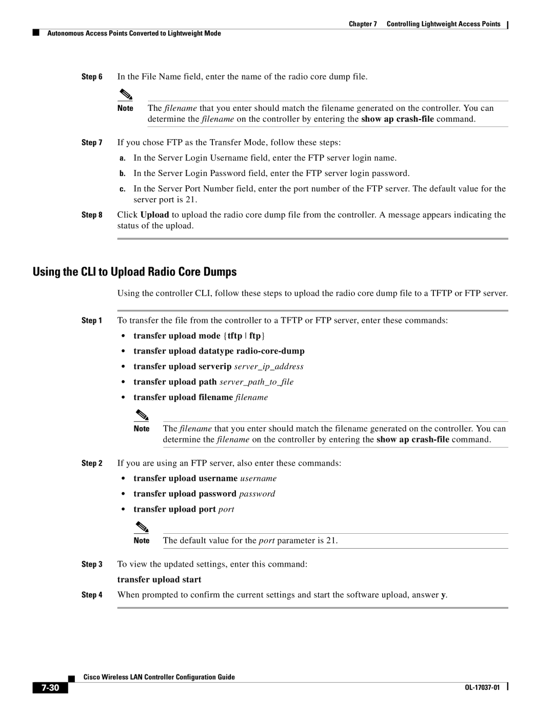 Cisco Systems OL-17037-01 manual Using the CLI to Upload Radio Core Dumps, Transfer upload start 