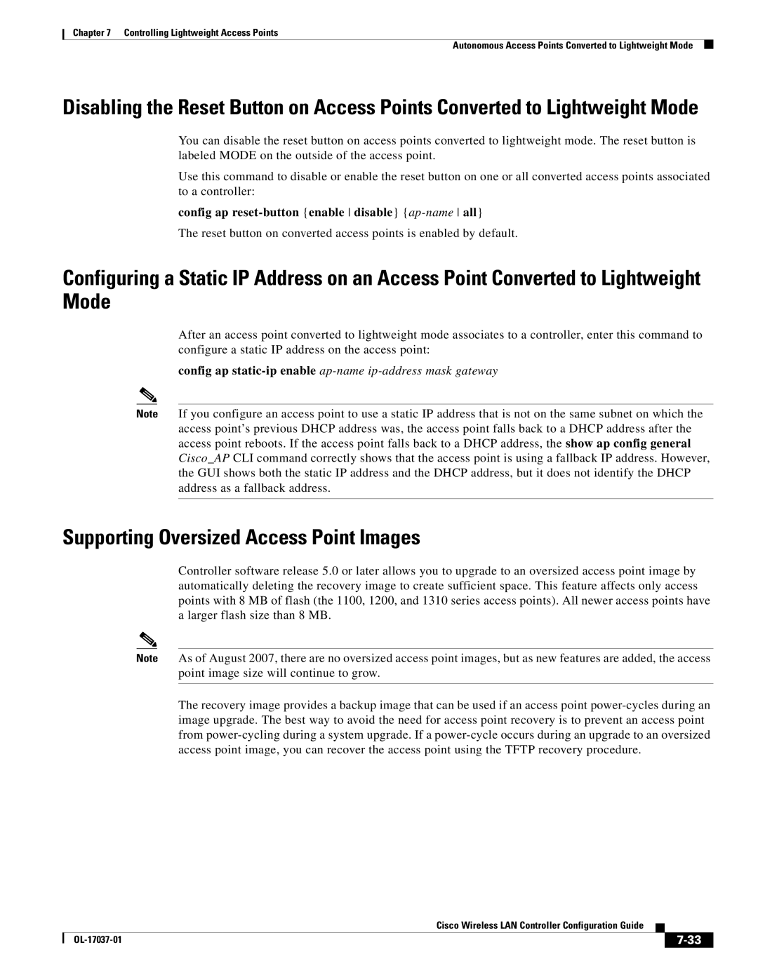 Cisco Systems OL-17037-01 manual Supporting Oversized Access Point Images, Config ap reset-button enable disable ap-nameall 