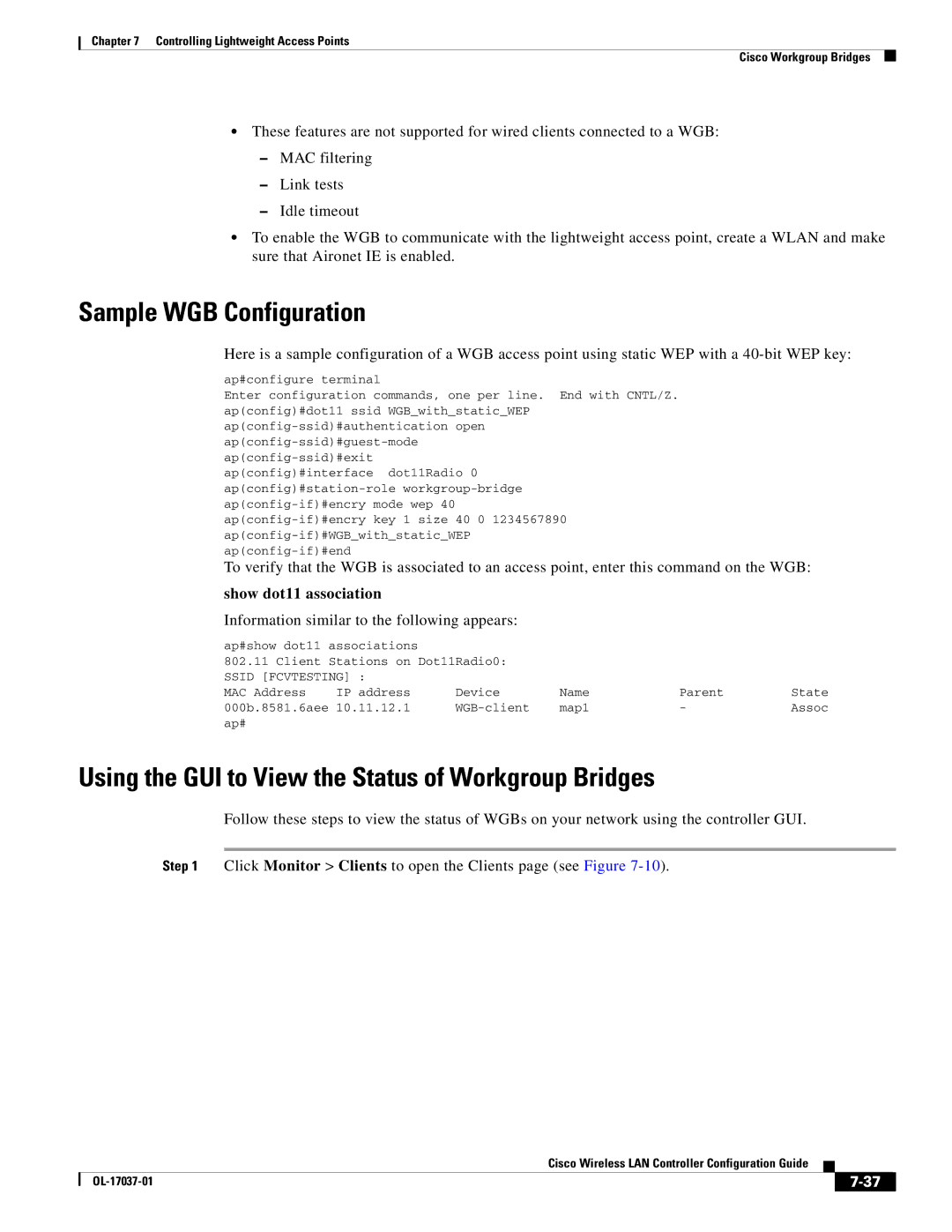 Cisco Systems OL-17037-01 manual Sample WGB Configuration, Using the GUI to View the Status of Workgroup Bridges 