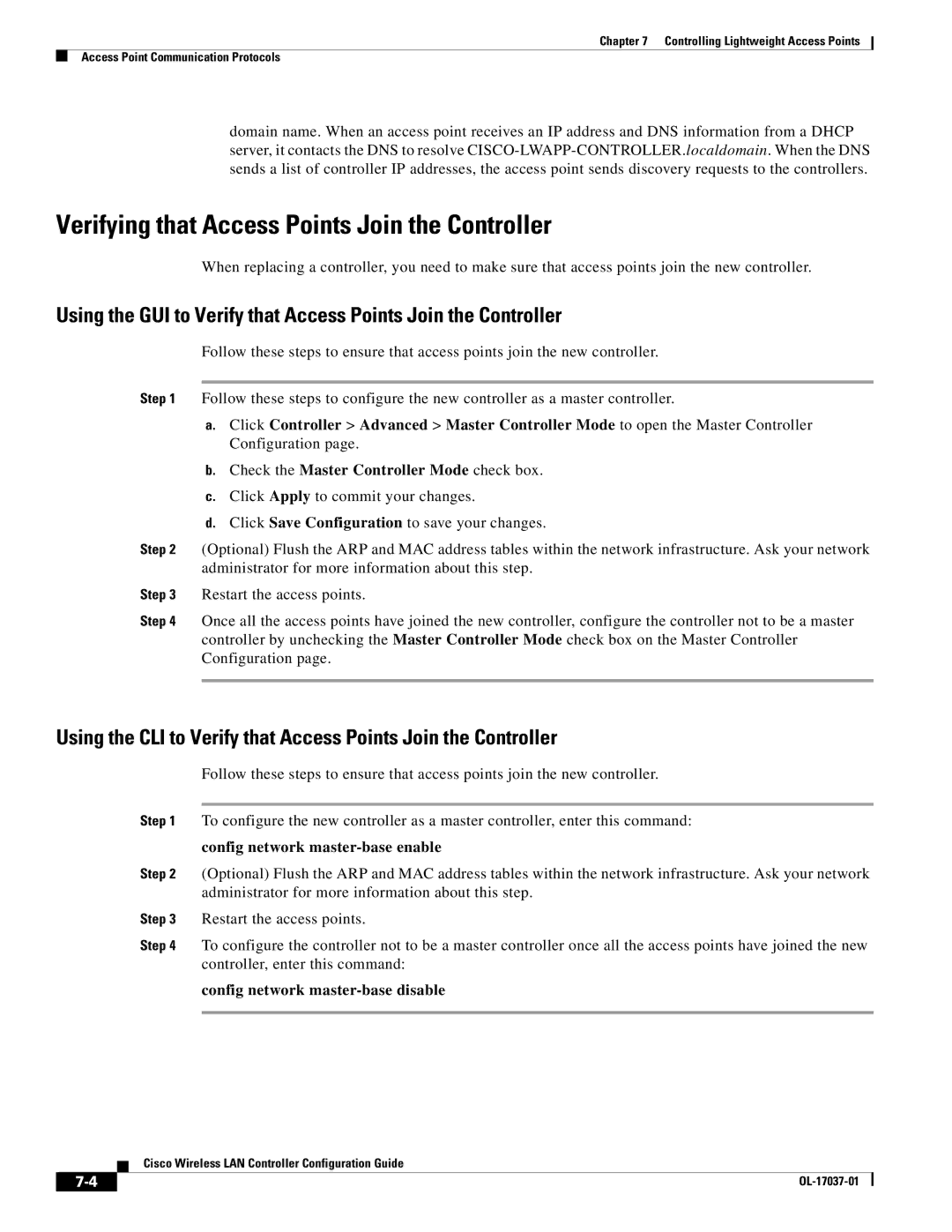Cisco Systems OL-17037-01 manual Verifying that Access Points Join the Controller, Config network master-base enable 