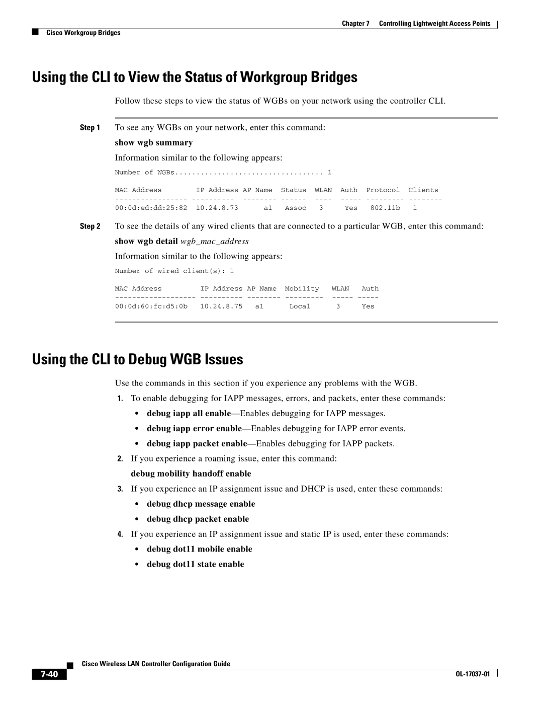 Cisco Systems OL-17037-01 manual Using the CLI to View the Status of Workgroup Bridges, Using the CLI to Debug WGB Issues 