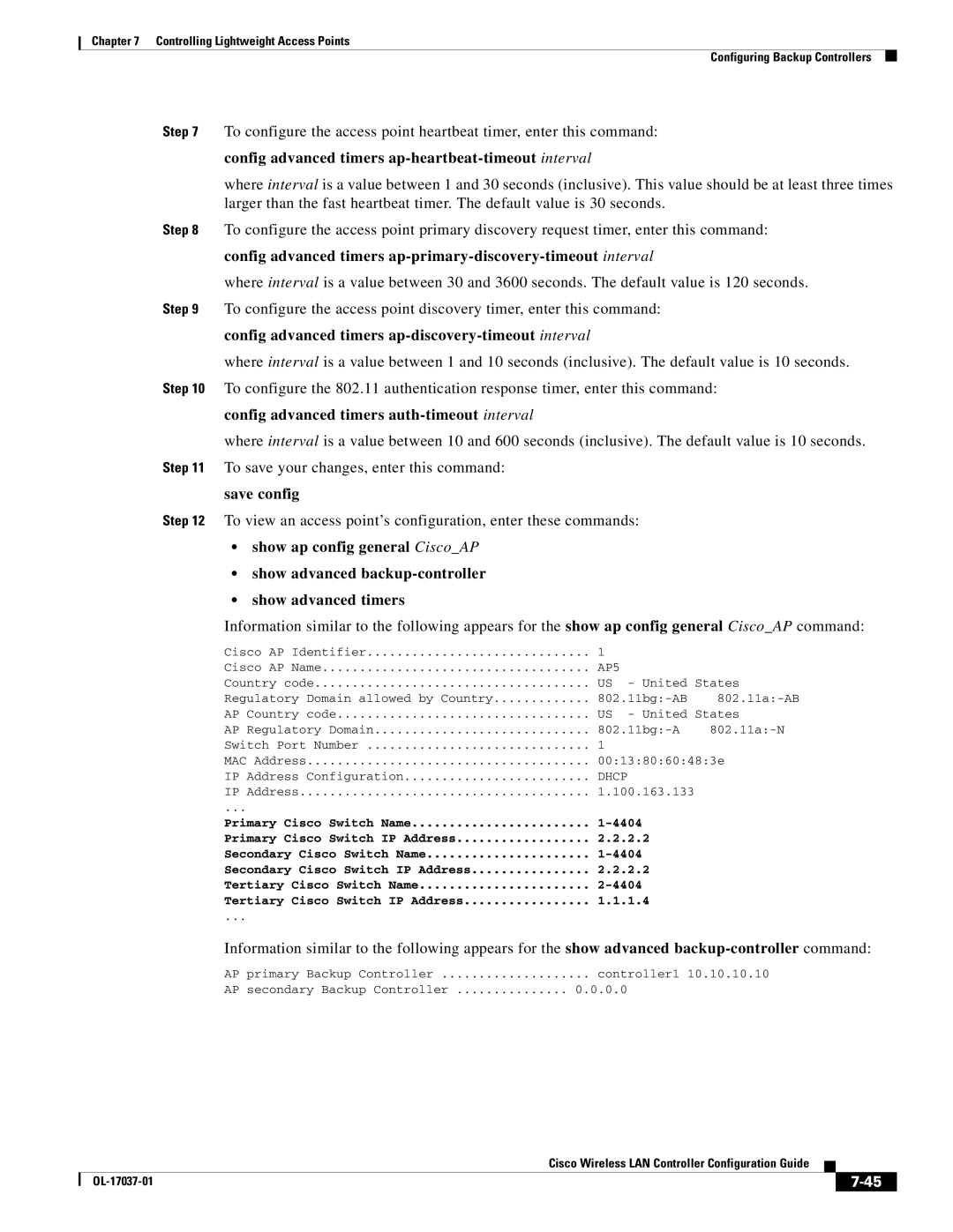 Cisco Systems OL-17037-01 manual Config advanced timers ap-discovery-timeout interval 