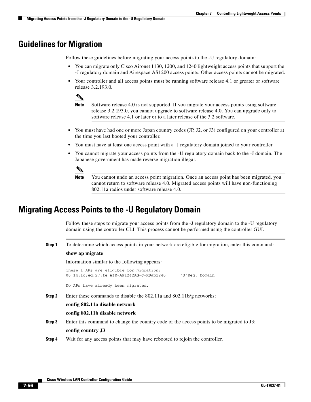 Cisco Systems OL-17037-01 Guidelines for Migration, Migrating Access Points to the -U Regulatory Domain, Show ap migrate 