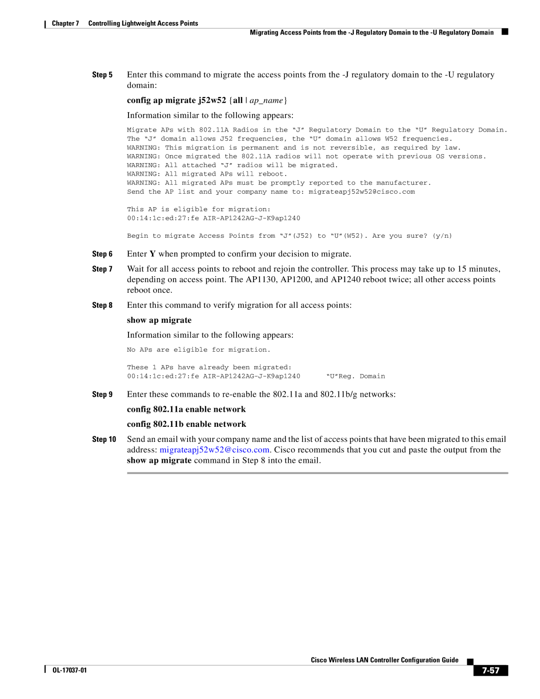 Cisco Systems OL-17037-01 Config ap migrate j52w52 all apname, Config 802.11a enable network Config 802.11b enable network 