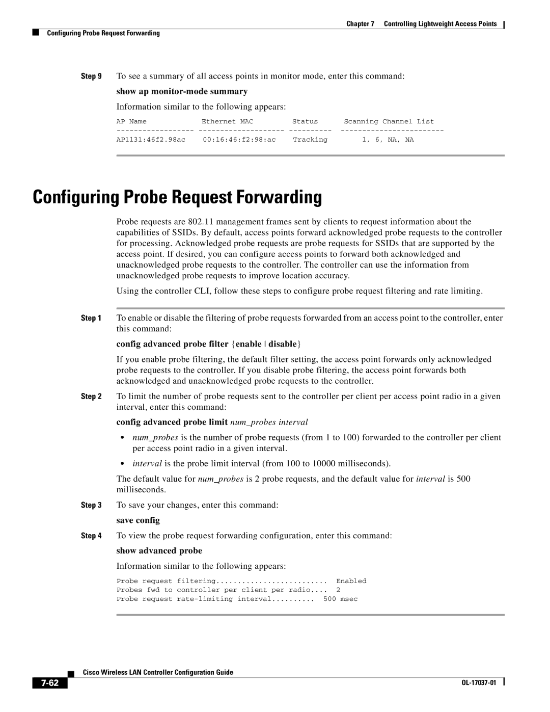 Cisco Systems OL-17037-01 manual Configuring Probe Request Forwarding, Show ap monitor-mode summary, Show advanced probe 