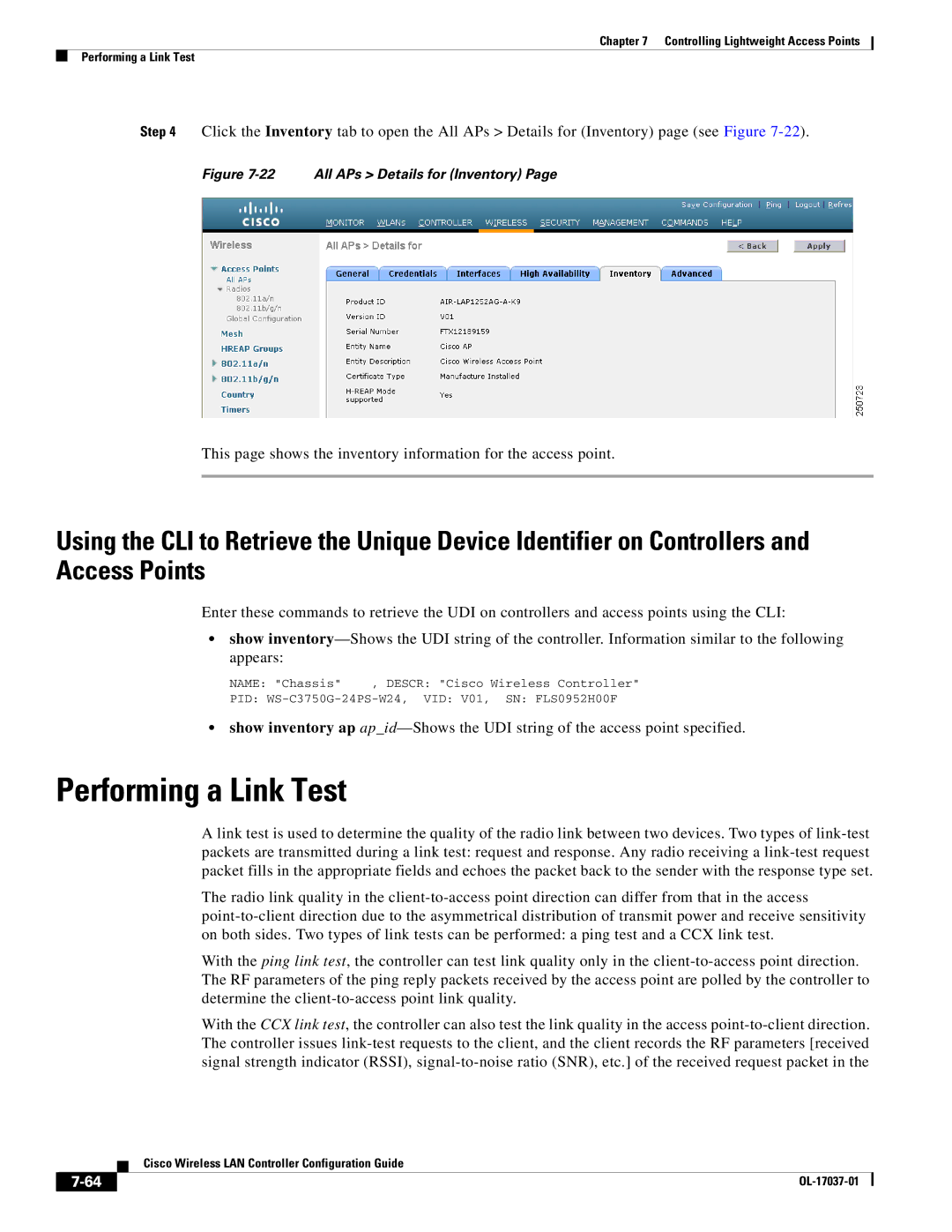 Cisco Systems OL-17037-01 manual Performing a Link Test, All APs Details for Inventory 